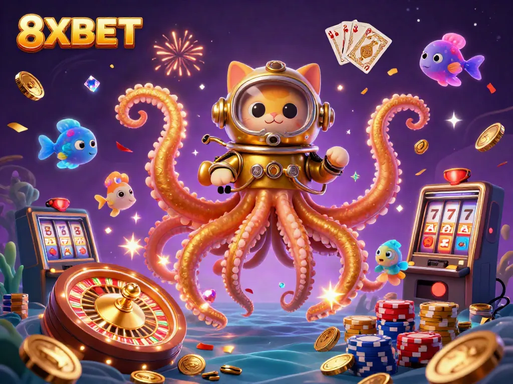 Immerse in excitement at 8XBET with a thrilling scene of a kraken, diving cat, and underwater treasures.