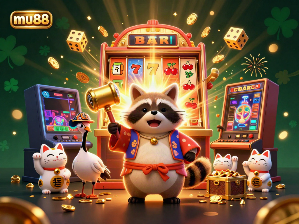 Join the mu88 casino fun with dynamic lucky symbols, cheerful characters, and a jackpot-filled celebration.