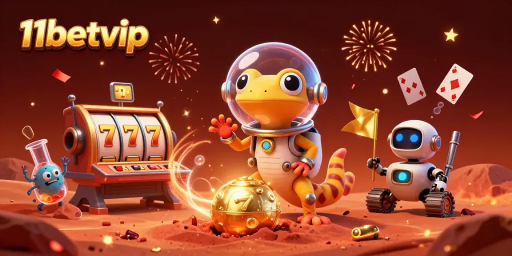 Experience the thrill of 11betvip casino with a 3D Martian gecko and vibrant gaming elements.