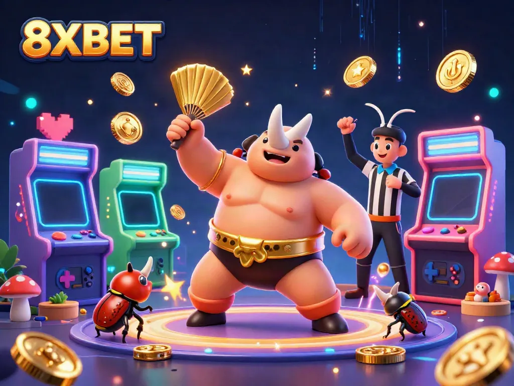 Experience thrilling moments with 8XBET as the cartoon beetle champions celebrate winnings.