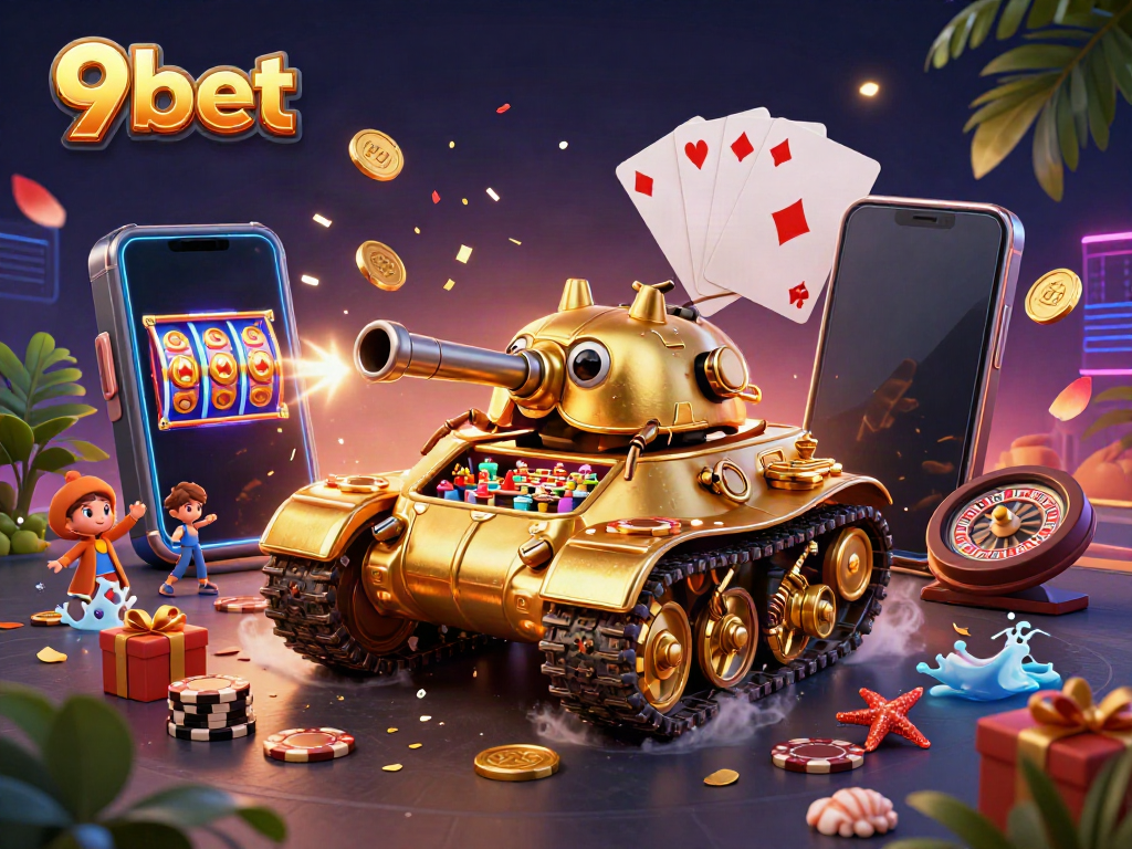 Engage with 9bet's vibrant casino world featuring dynamic games and gold-themed elements.