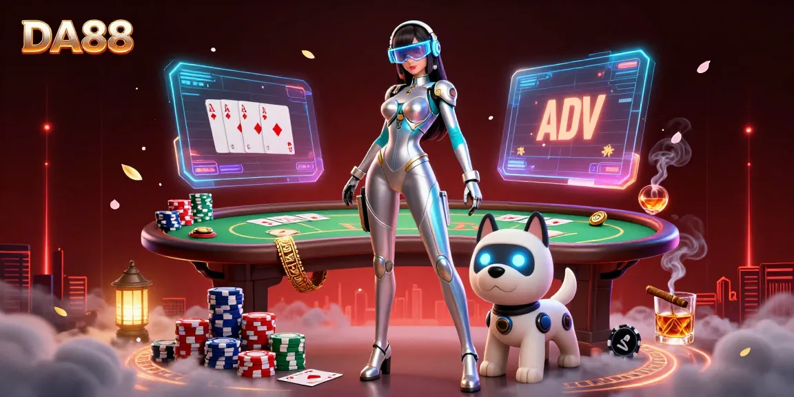 Experience thrilling poker action at DA88 with a dynamic scene of a futuristic casino and colorful chip stacks.