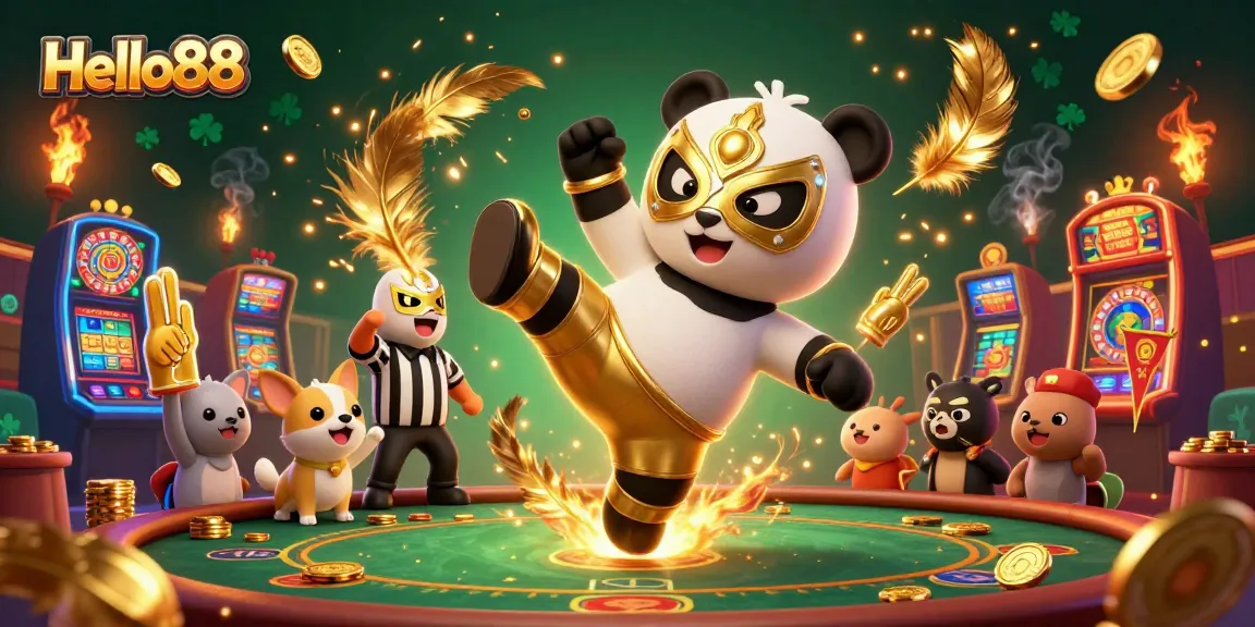 Experience excitement at Hello88 with a vibrant 3D casino scene featuring a panda wrestler and animal spectators.