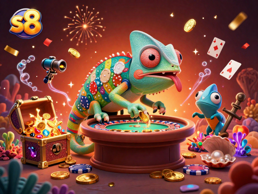 S8 chameleon casino owner collects golden coins in a vibrant underwater scene full of games and treasures.