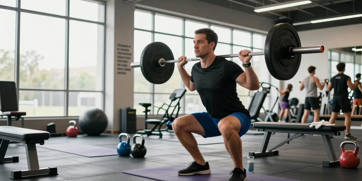 Prime Pharma Steroïden Winkel - Sportieve man traint in moderne sportschool met barbell squats.