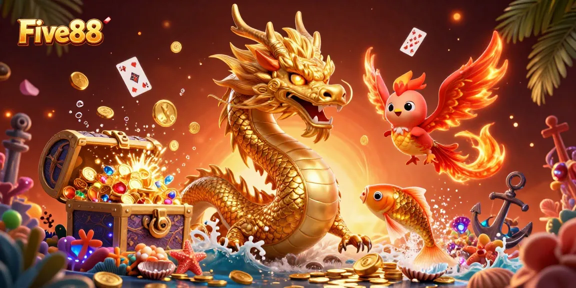 Experience the excitement at Five88 with this vibrant 3D casino scene filled with action and color.