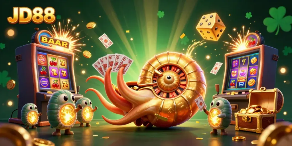 Experience the thrilling atmosphere of JD88 with a dazzling casino scene featuring vibrant games and golden treasures.