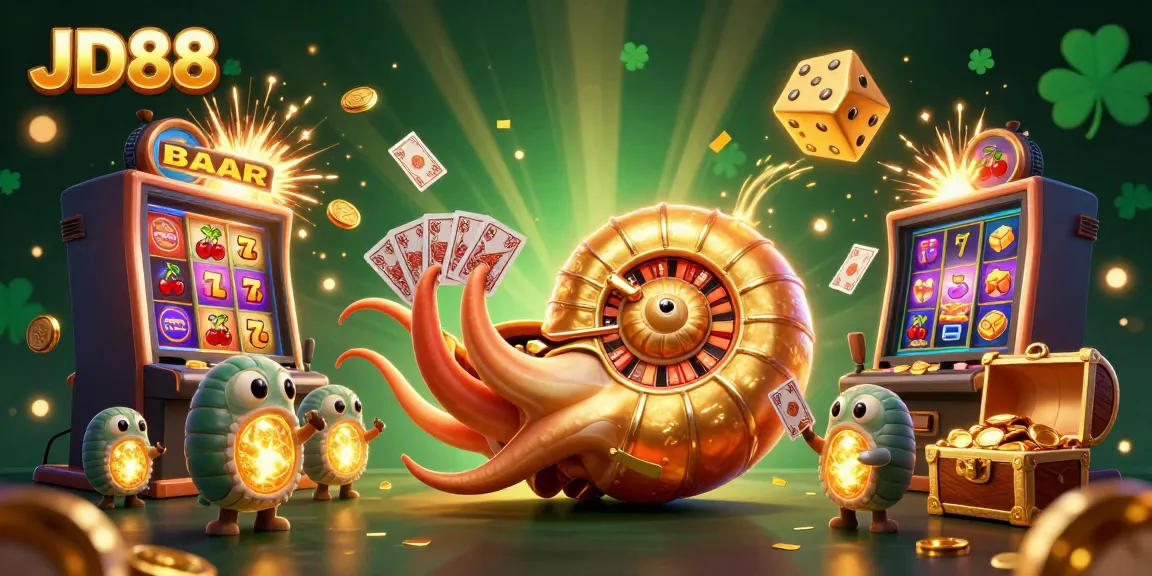 Experience the thrilling atmosphere of JD88 with a dazzling casino scene featuring vibrant games and golden treasures.