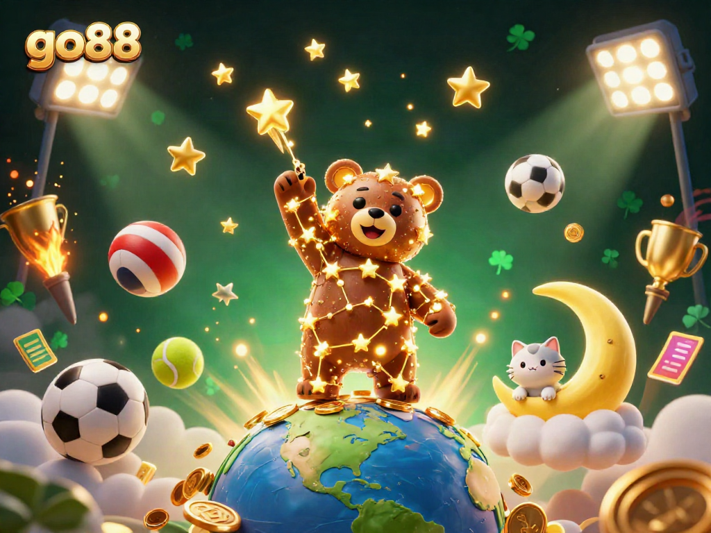 Engage in thrilling gameplay with go88, where golden constellation bears scoop coins amidst dynamic sports elements.