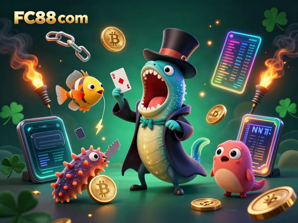Engaging scene of a bioluminescent deep-sea gulper eel performing magic at FC88 com, showcasing vibrant casino themes.
