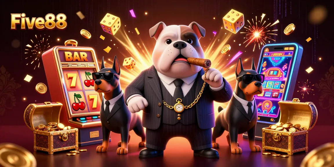Experience the thrill of Five88 with a lively casino scene featuring a mafia bulldog and dynamic game elements.