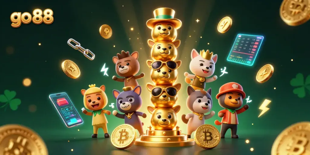 Trải nghiệm sòng bạc GO88 với hình ảnh totem động vật, đồng Bitcoin và Ethereum sáng bóng.
