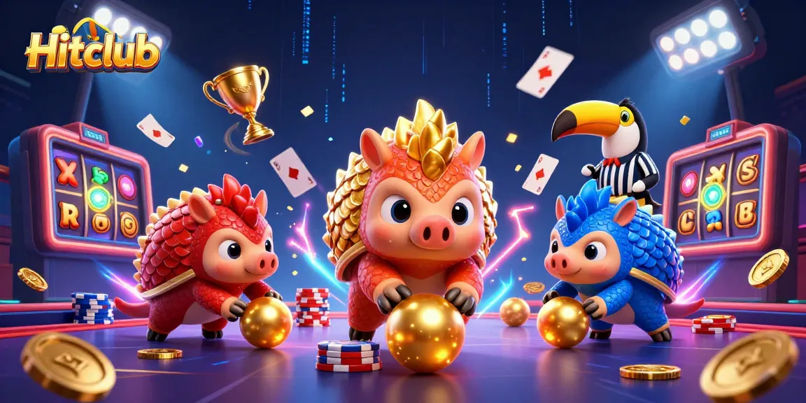 Hitclub's exciting gaming scene shows rival pangolins bowling through poker chips, promising thrilling gameplay.