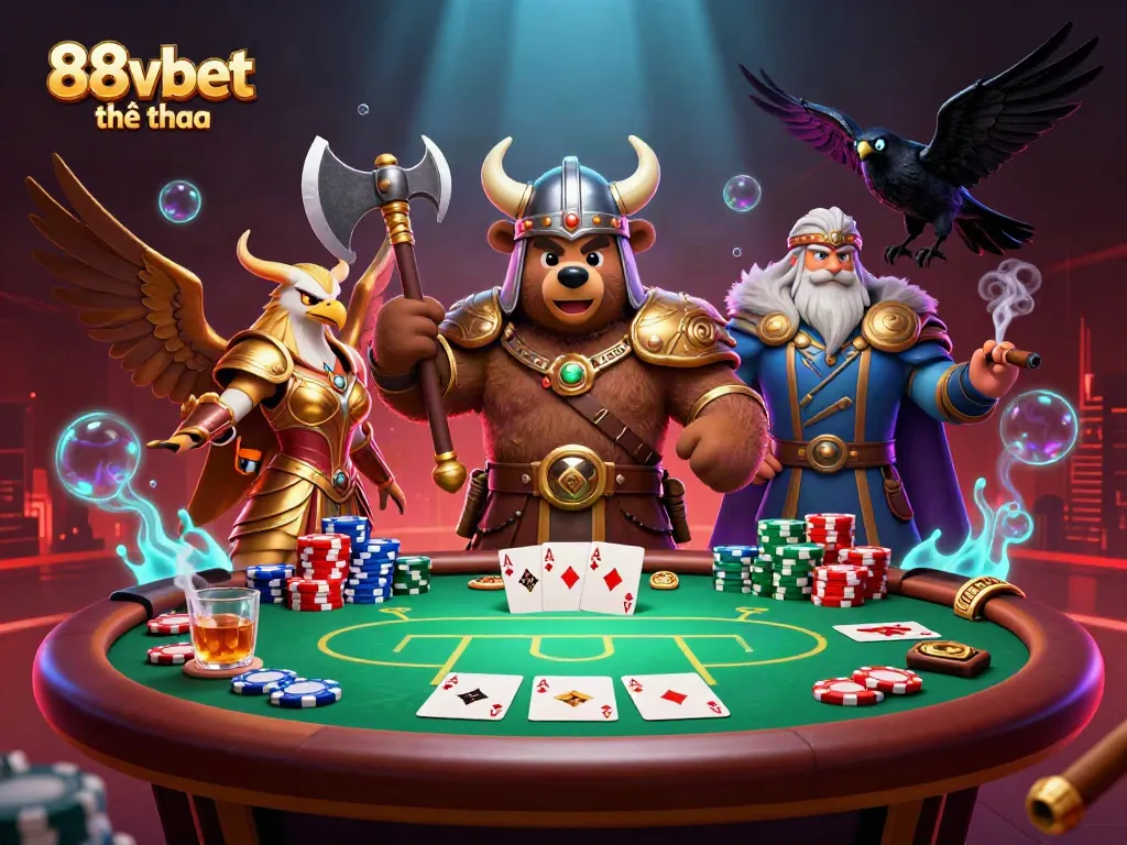 Engage with 88vbet thể thao where a Viking berserker and Valkyrie eagle celebrate epic poker wins among vibrant gaming elements.