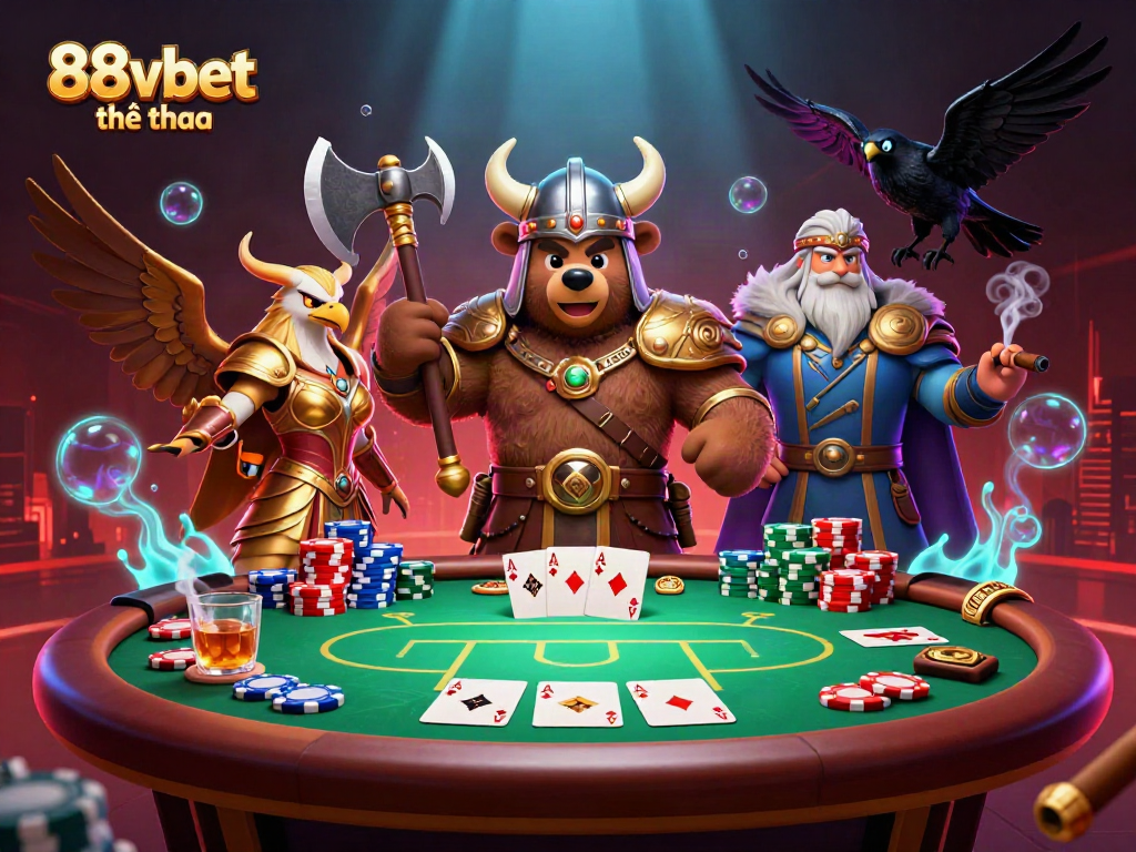 Engage with 88vbet thể thao where a Viking berserker and Valkyrie eagle celebrate epic poker wins among vibrant gaming elements.