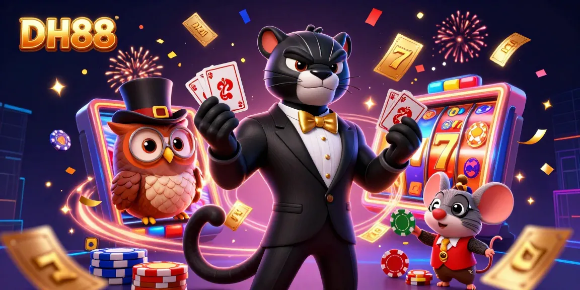 Experience thrilling gaming with DH88 at this vibrant, animated casino scene.