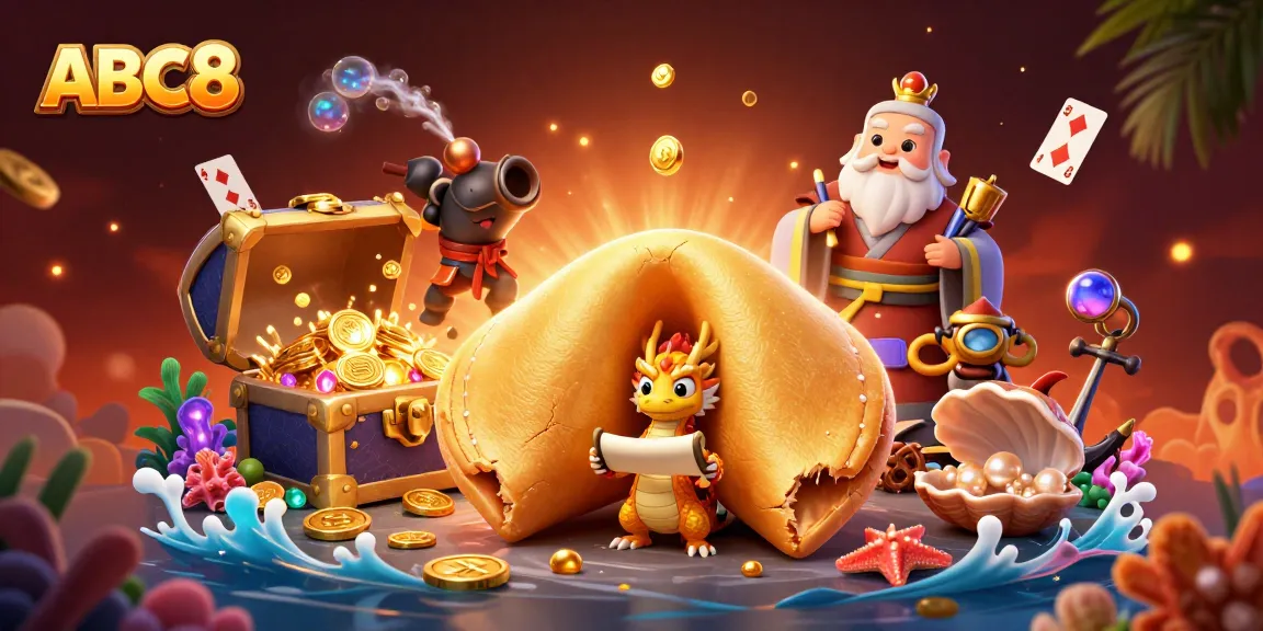 Experience thrilling games at ABC8 with a dazzling golden fortune cookie scene and dynamic casino elements.