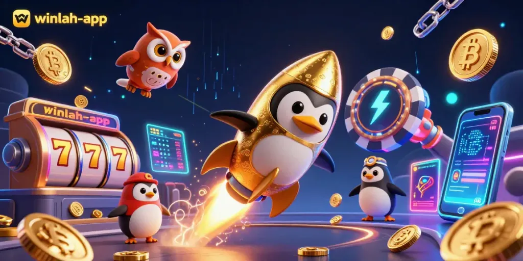 Spin exciting games with winlah-app in this vibrant 3D casino scene filled with jackpot action!