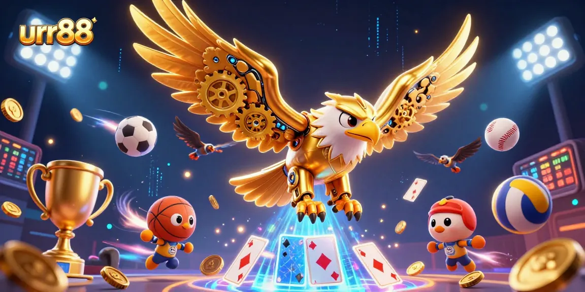 Experience thrilling gaming at urr88 with a cybernetic eagle soaring amidst vibrant holographic cards.