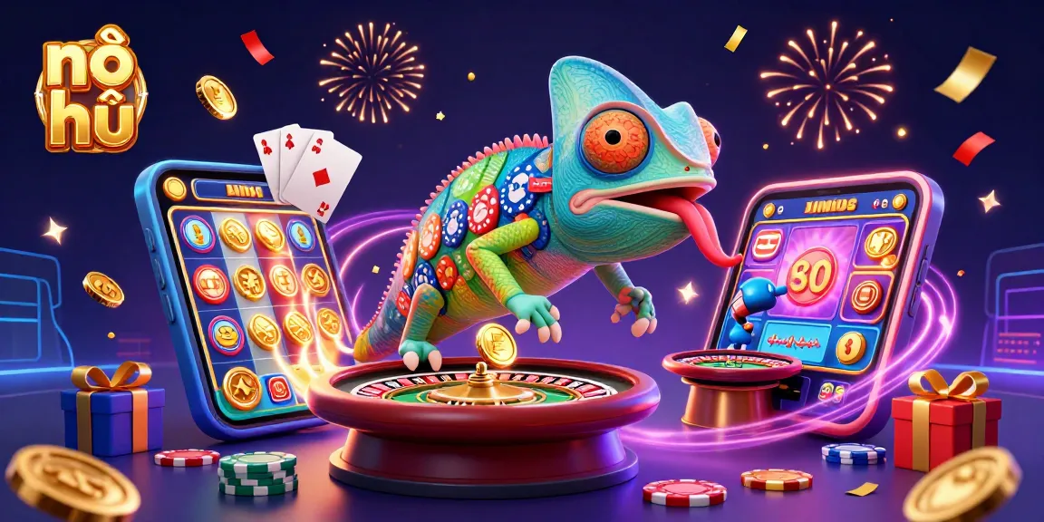 Experience the excitement of nổ hũ with a vibrant casino scene featuring a 3D chameleon and slot games.