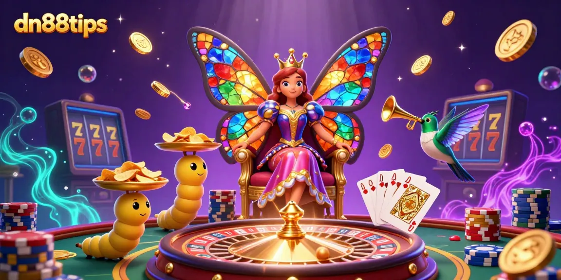 Win big with dn88tips in this dazzling casino scene featuring a butterfly queen and vibrant gaming elements.
