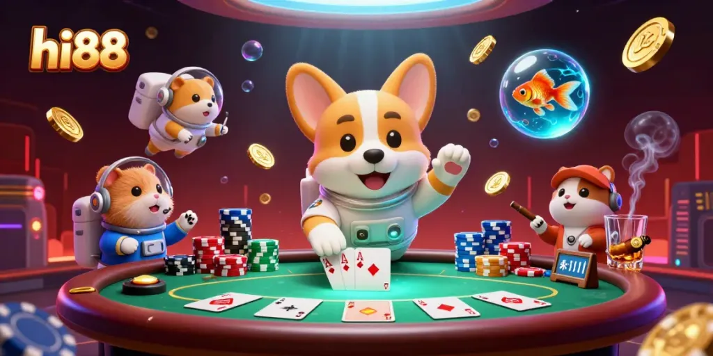hi88 presents a vibrant illustration of a poker scene with a corgi asteroid and floating currencies in a casino atmosphere.