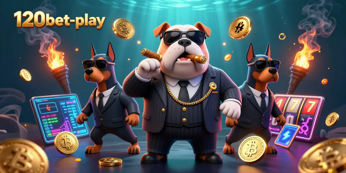 Experience thrilling action with 120bet-play's vibrant 3D casino illustration showcasing a mafia boss bulldog surrounded by gaming elements.