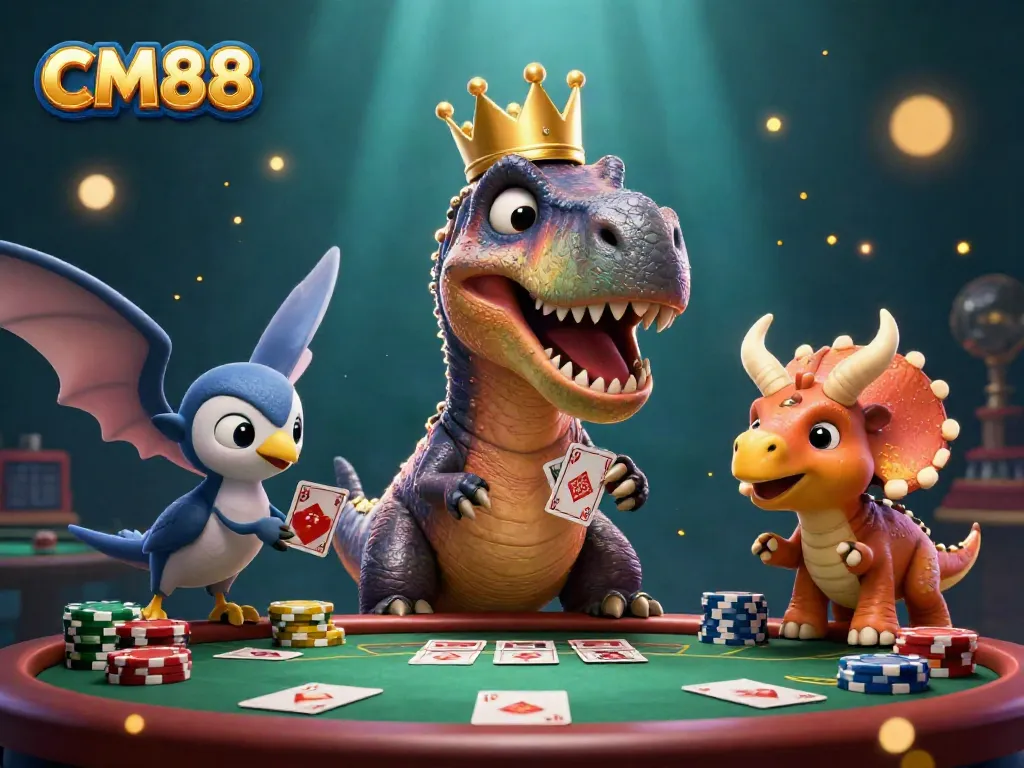 CM88 T-Rex shuffling cards and triceratops stacking chips in a vibrant casino scene.