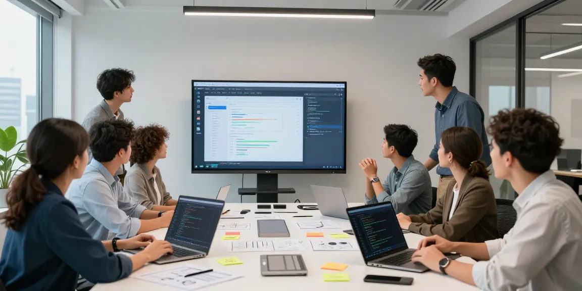 Team collaborating with an AI assistant interface in a modern office, showcasing innovative workflow solutions.
