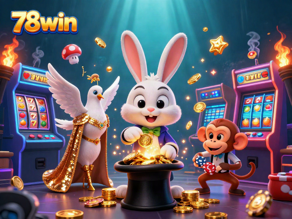Experience thrilling 78win action with a magician rabbit pulling golden coins amidst vibrant casino elements.