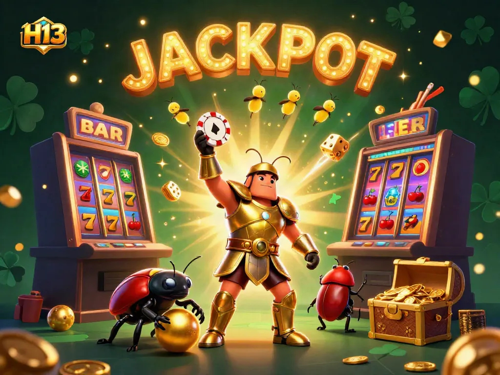 Celebrate winning at H13 with a lively casino scene featuring vibrant characters and thematic elements.