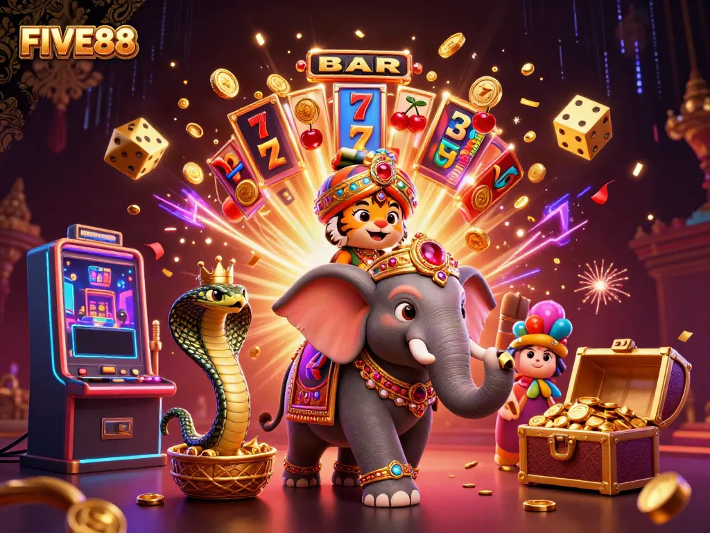 Engage with FIVE88's vibrant casino scene featuring a maharaja tiger and jackpot slots.