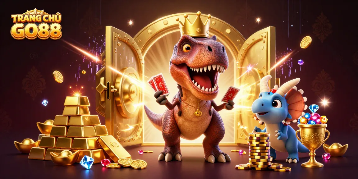 Engage with TRANG CHỦ GO88 through vibrant gaming action featuring T-Rex card shuffling and chip stacking.
