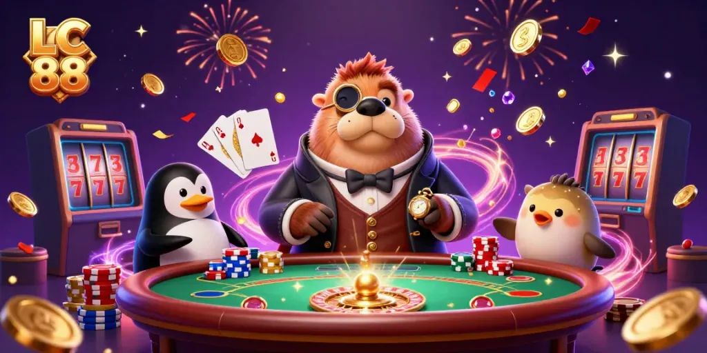 Experience the excitement of LC 88 with poker, roulette, and dazzling effects in this vibrant underwater casino scene.
