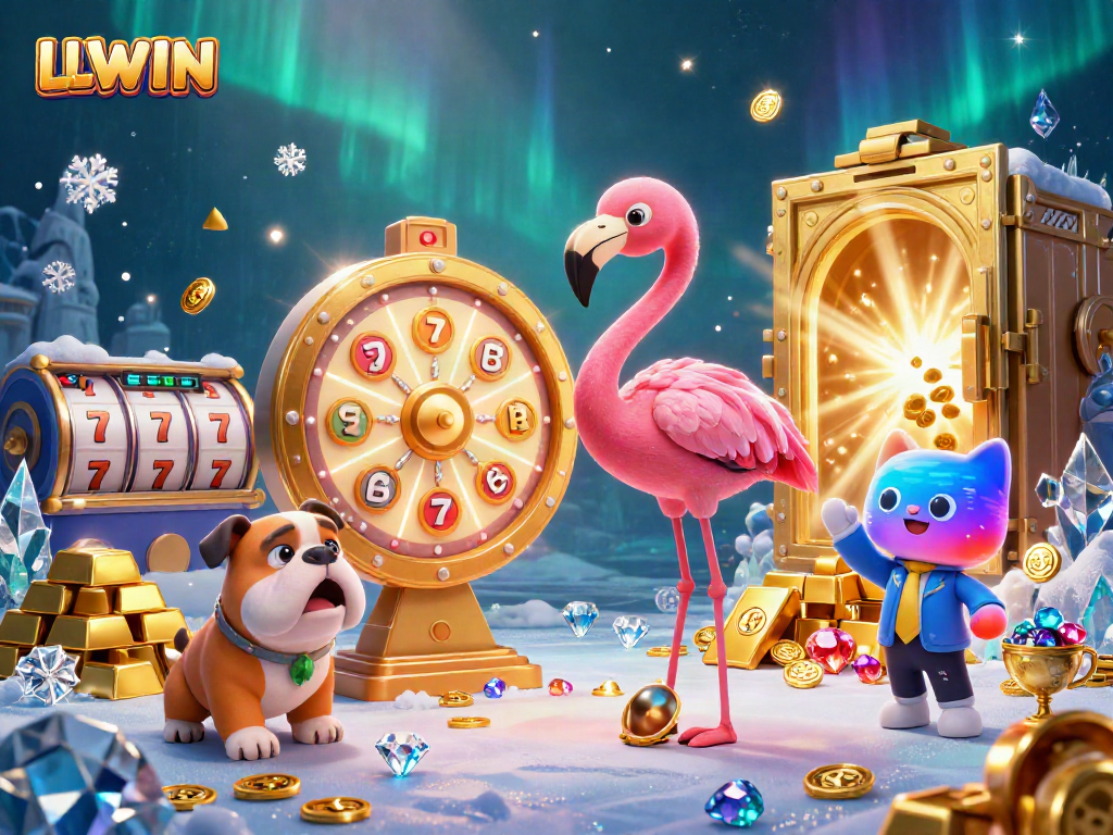 LLWIN showcases a lively 3D carnival with a flamingo host, bulldog contestant, and sparkling prizes.