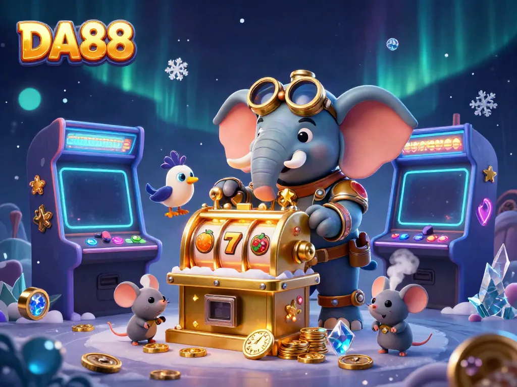 Engage with DA88 slots through a vibrant 3D illustration featuring steampunk characters and dynamic game elements.