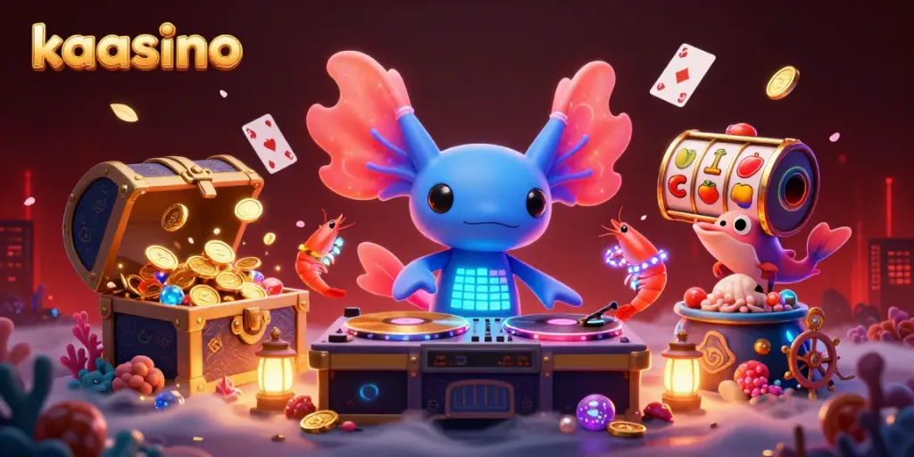 Kaasino casino action showcasing vibrant 3D DJ axolotl and casino elements in an underwater scene.
