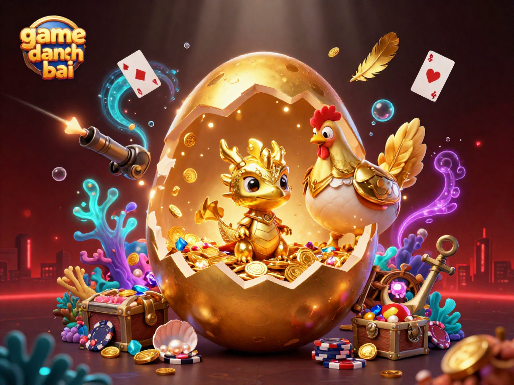 Engage in game danh bai with a sparkling 3D scene of golden treasures and gameplay elements.