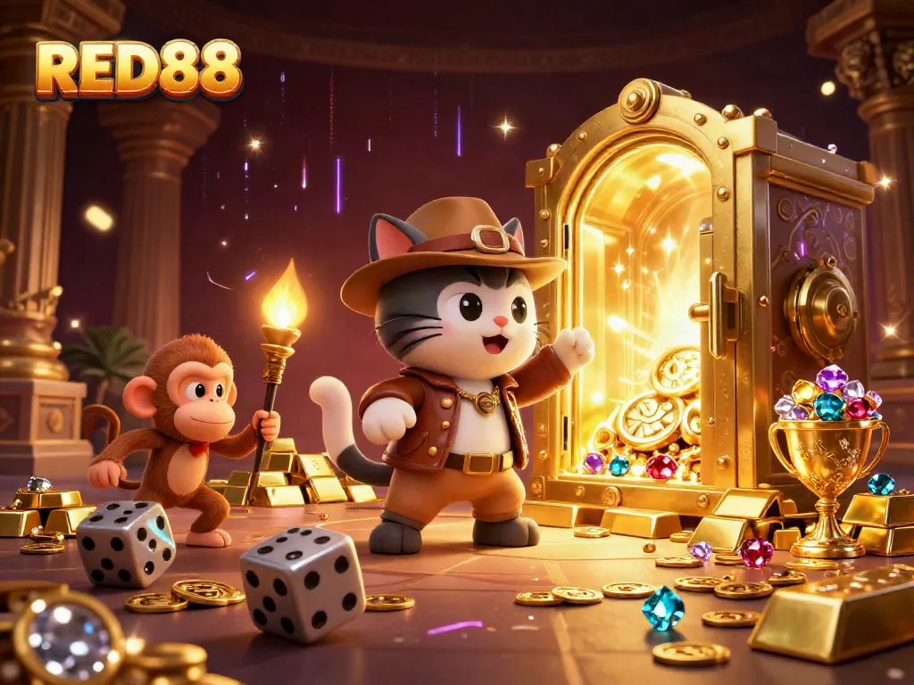 Experience thrilling gameplay and big wins at RED88 with this vibrant casino treasure illustration.