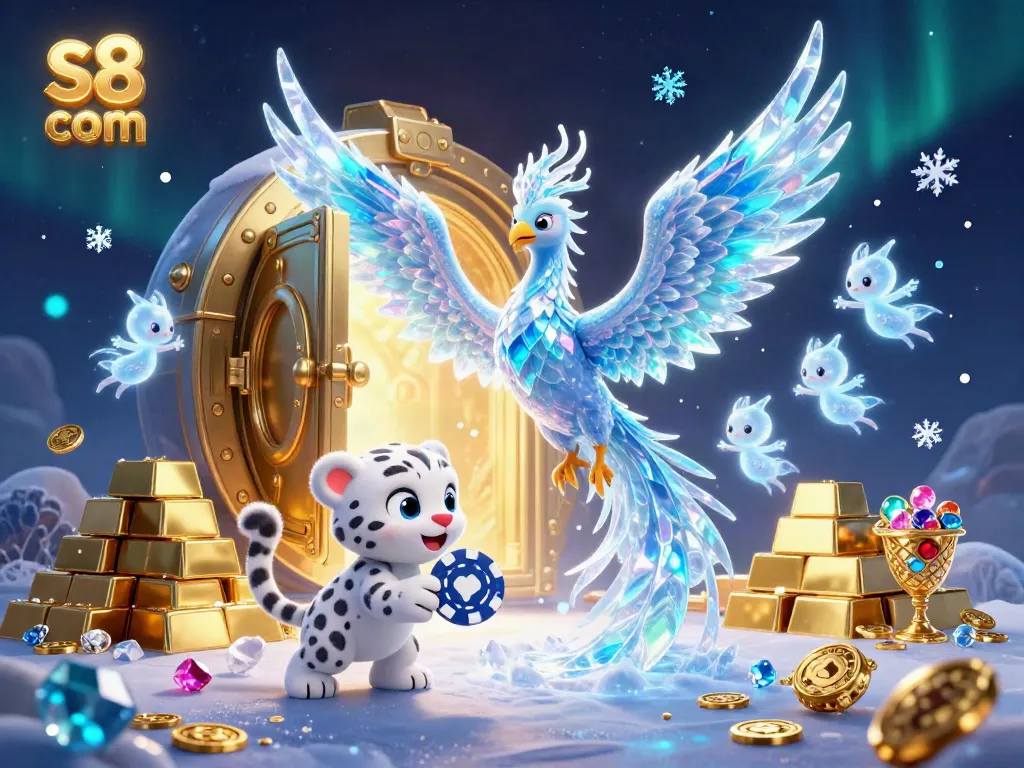 Engage with exciting gaming at s8 com, featuring a unique scene of an ice phoenix and playful casino elements.