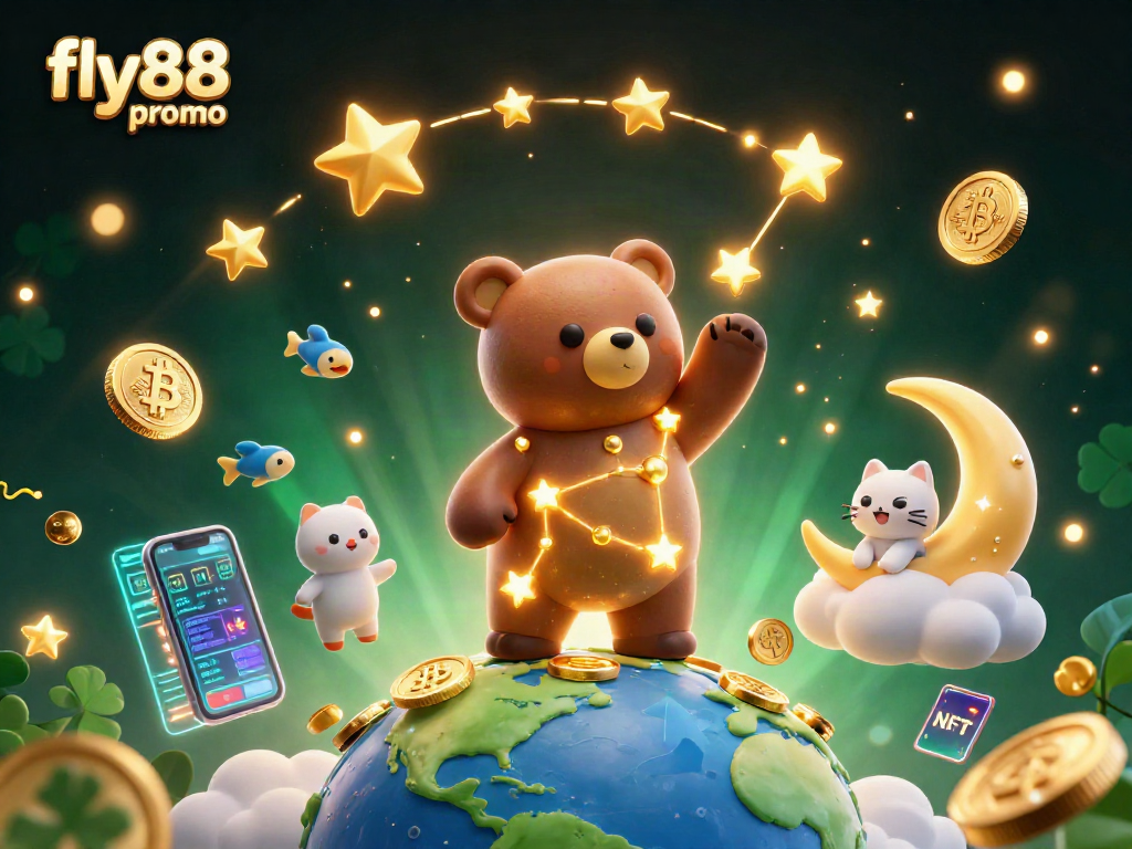 Engage with fly88 promo offers in this vibrant 3D casino scene full of characters and crypto elements.