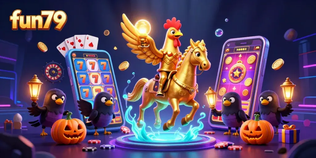 Experience fun79's vibrant casino action with a golden rooster amidst thrilling slot games.