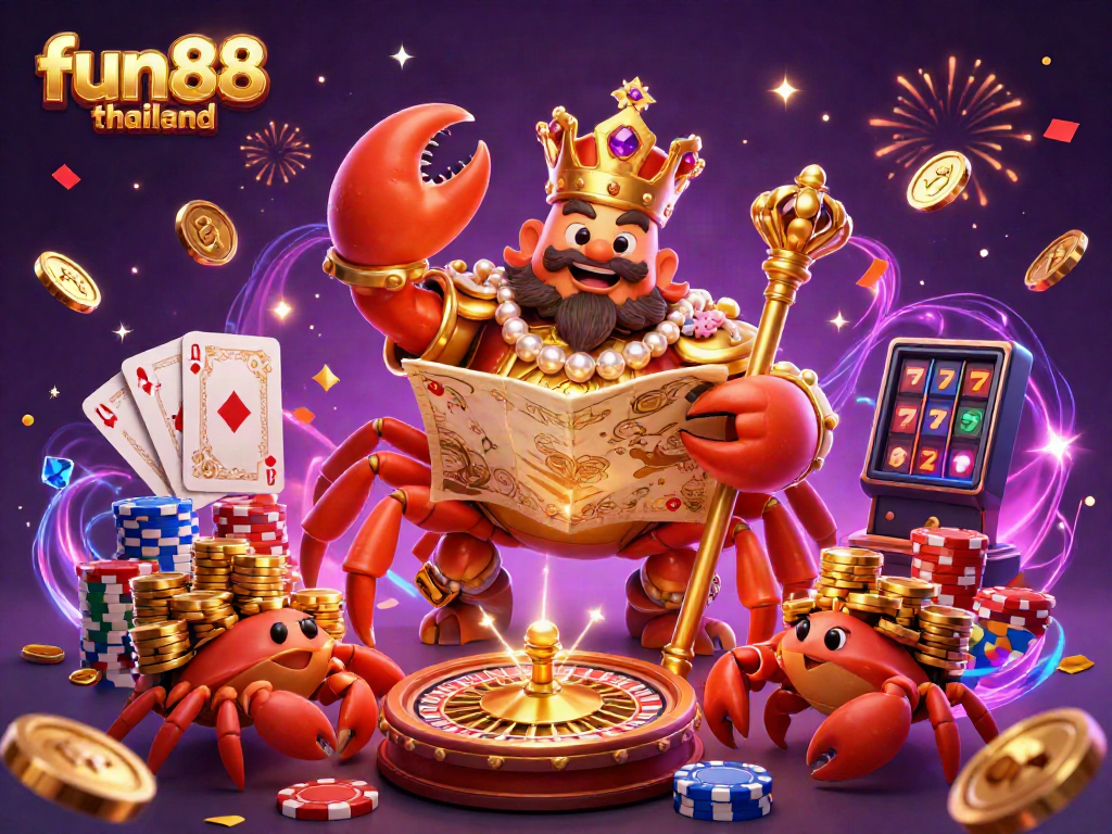 Engage in fun88 thailand with a 3D crab emperor, dazzling treasures, and vibrant casino elements.