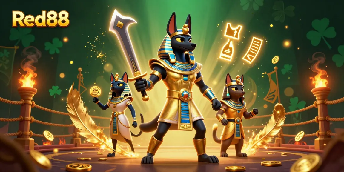 Engage with Red88 in this thrilling scene featuring Anubis and Bastet amidst a dynamic online betting arena.