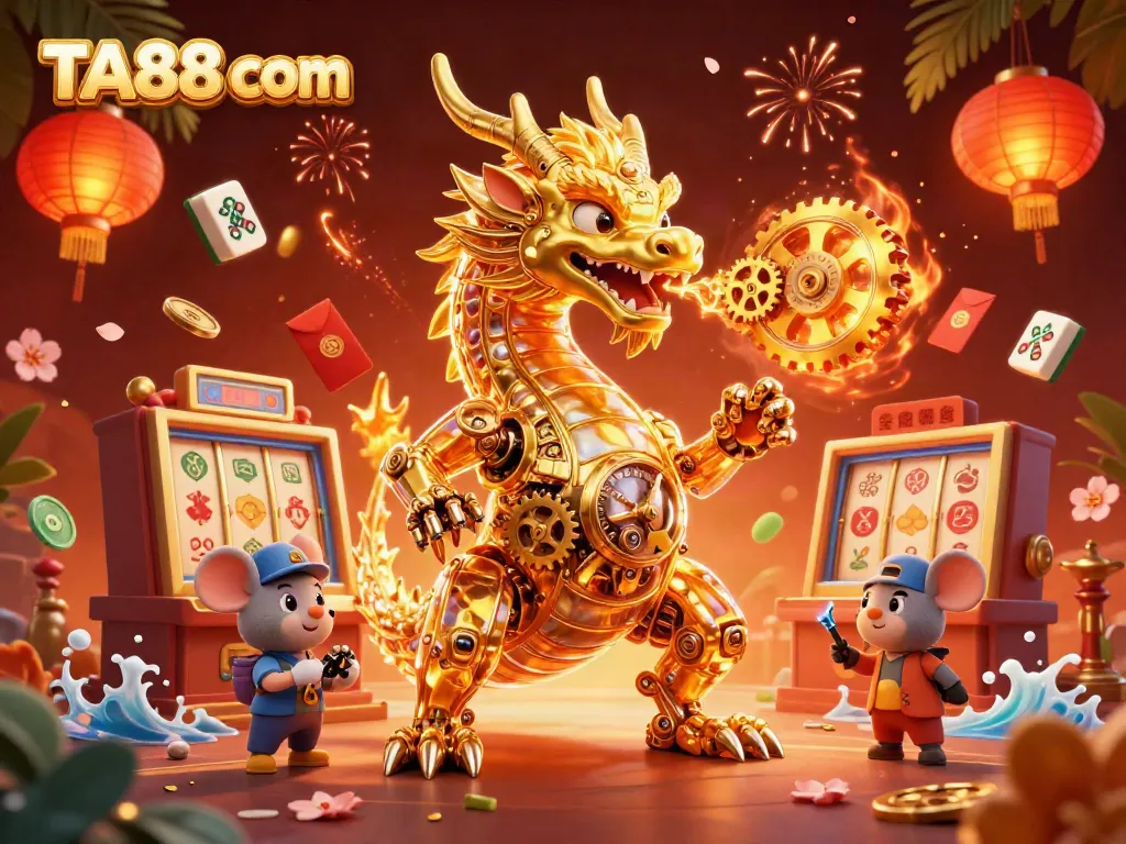 Engage with TA88 com and win at slots, featuring a golden dragon and dynamic casino elements.