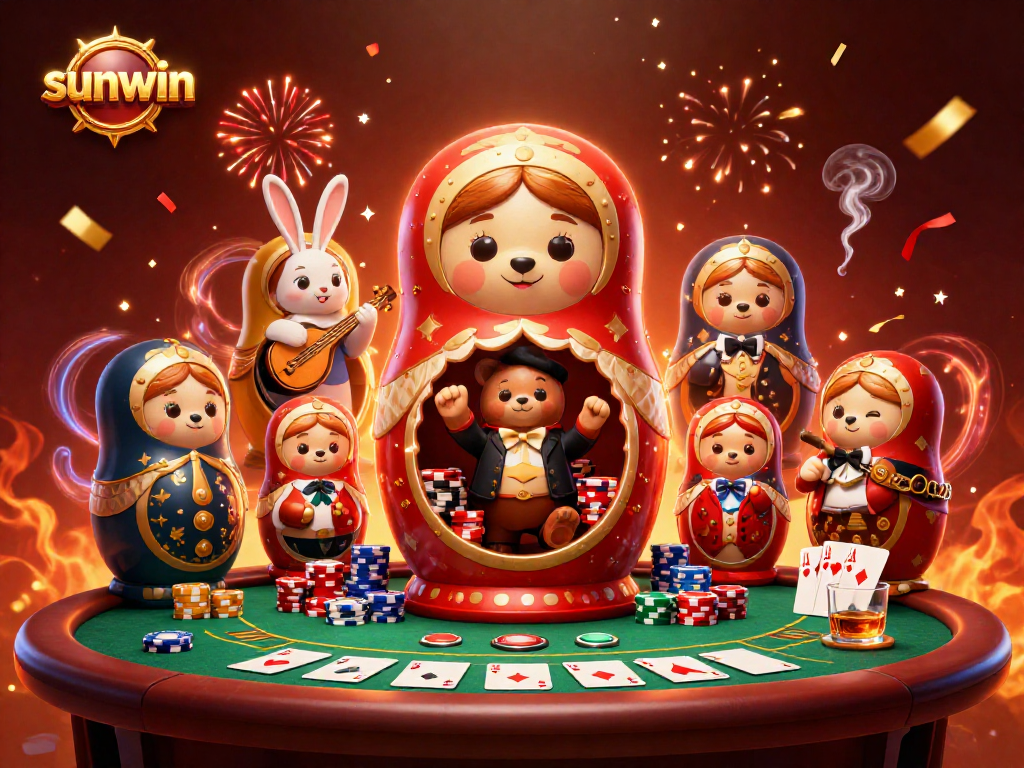 Join the sunwin celebration with 3D cartoon bears themed around poker, set against a vibrant casino backdrop.