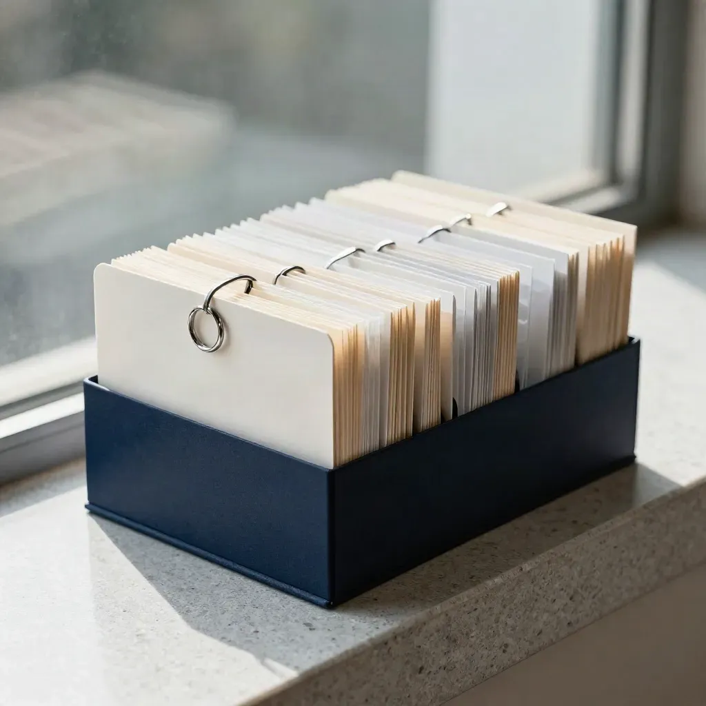 Modulaire koper-zoekprofielset met tabbladen, sleeves en ring op een donkere steenplaat.