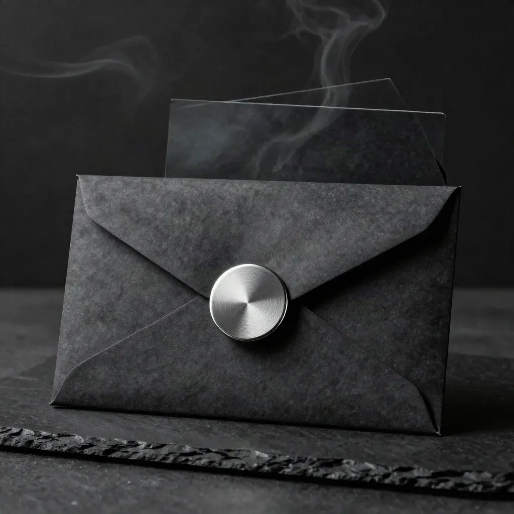 Charcoal NDA-set met verzegelde enveloppen en zilveren seal op zwarte steen.