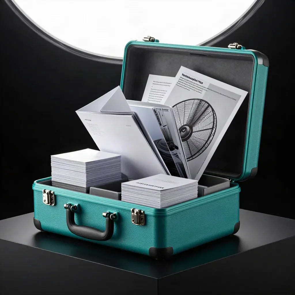 Teal presentatiecase voor MKB Verkooppakket Plus klapt open met dossiers, sleeves en zilveren details.