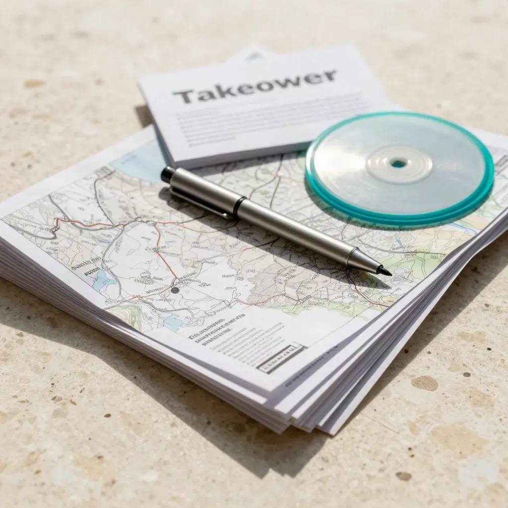 Macro van regionale overnamealerts met kaartbundel, markeerpen en ronde schijf op travertin.